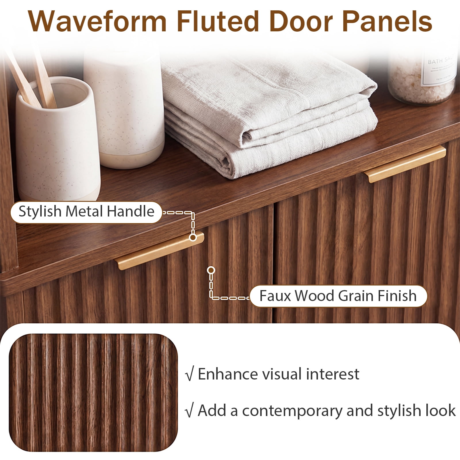 Costway 68" Tall Corner Bathroom Cabinet with Fluted Doors, 6-Tier Bathroom Storage Cabinet Walnut