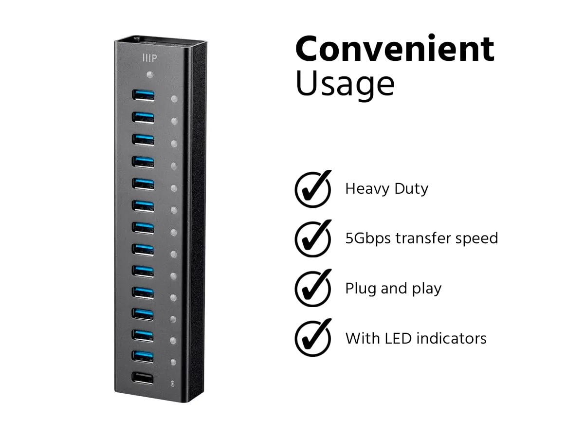 Monoprice 13-Port USB 3.0 Hub, 5Gbps, Heavy Duty Aluminum, Plug And Play With AC Adapter