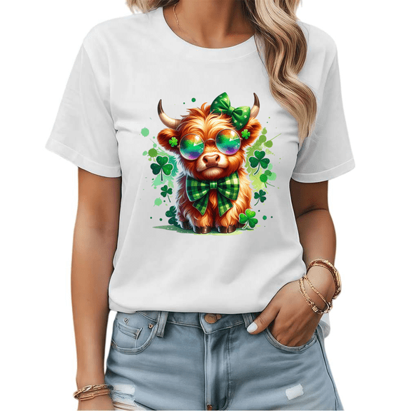 Cute Highland Cow With Clover Bow Graphic Tees Womans T shirt Black/White S-5XL Shirts Festive Casual Tops