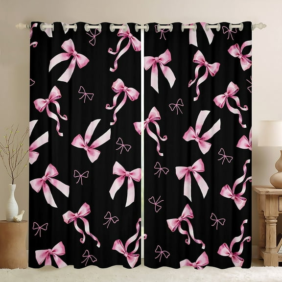 Homewish Pink Bowknot Bowtie Black Out Curtains for Girls, Princess Bow Knot Curtains Pack of 2 (42x63 Each), Black Pink Bedroom Curtains, Luxury Room Decor