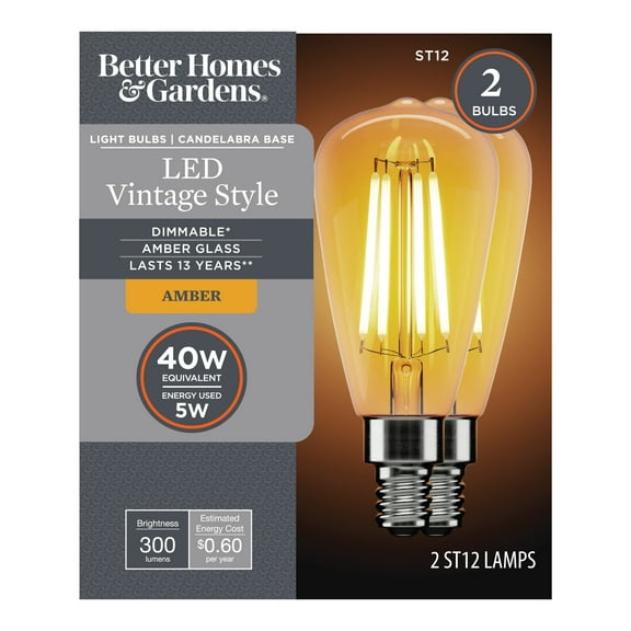 Better Homes & Gardens LED Vintage Light Bulb, ST12 40W Amber Classic Filament, E26, Dimmable - 4 Pk