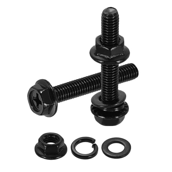 M5 x 30mm 10Pcs Phillips Flanged Hex Bolts with Nuts, Flat & Lock Washers, Black