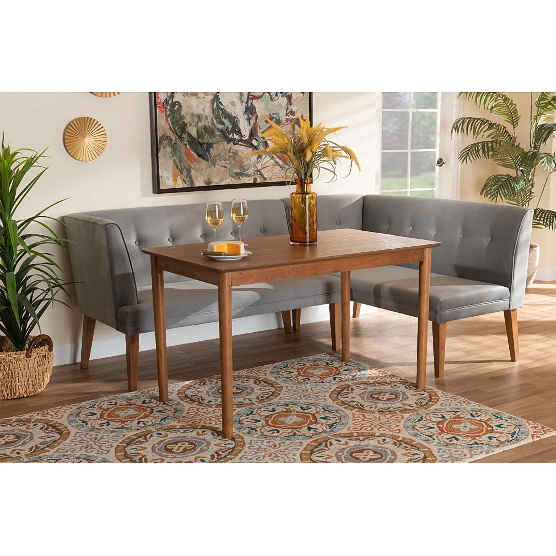 Baxton Studio Alvis Mid Century Modern Grey Velvet Upholstered and Walnut Brown Finished Wood 5 Piece Dining Nook Set