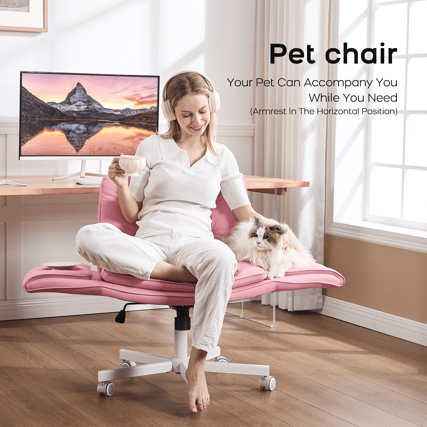 TMV Criss Cross Chair with Wheels & Armrests, Comfy Wide Vanity Chair, PU Leather Cross Legged Desk Chair, Height Adjustable Computer Office Desk Chairs for Home＆Makeup＆Bedroom，Pink