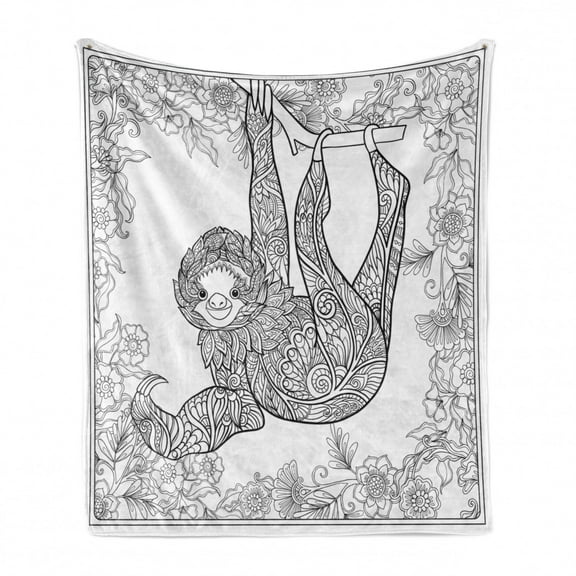 Sloth Soft Flannel Fleece Throw Blanket, Outline Drawing of Sloth in Jungle Zoo Animal with Ornamental Details and Flowers, Cozy Plush for Indoor and Outdoor Use, 60" x 80", Black White, by Ambesonne