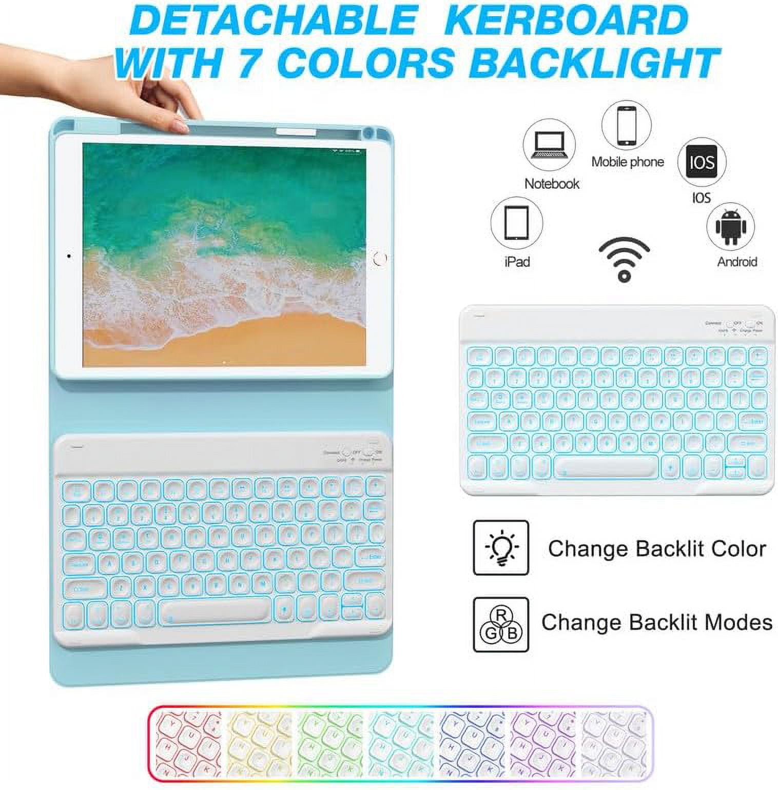 iPad 9.7 inch 5th 6th Generation Case with Keyboard, 360°Rotatable iPad Air 2 Keyboard Case with Pencil Holder(2018/2017/2014),7 Color Backlit Bluetooth Keyboard Smart Folio Tablet Cover(Green)
