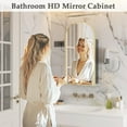 thumbnail image 3 of Gold Arched Medicine Cabinet with Mirror, Wall-Mounted Mirror Cabinet with Storage, Bathroom Vanity Mirror with Charging Station, 2 Power Outlets, Mirrored Cabinet with Adjustable Shelf, 20X34 Inch, 3 of 9