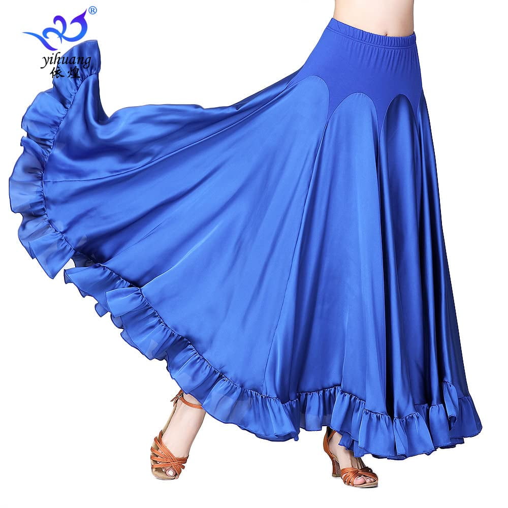 HAORUN Women Elastic Waist Satin Ruffle Long Dance Skirt Spanish ...