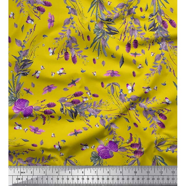 Soimoi Yellow Poly Georgette Fabric Insects,Rose & Leaves Print Sewing Fabric Yard 42 Inch Wide