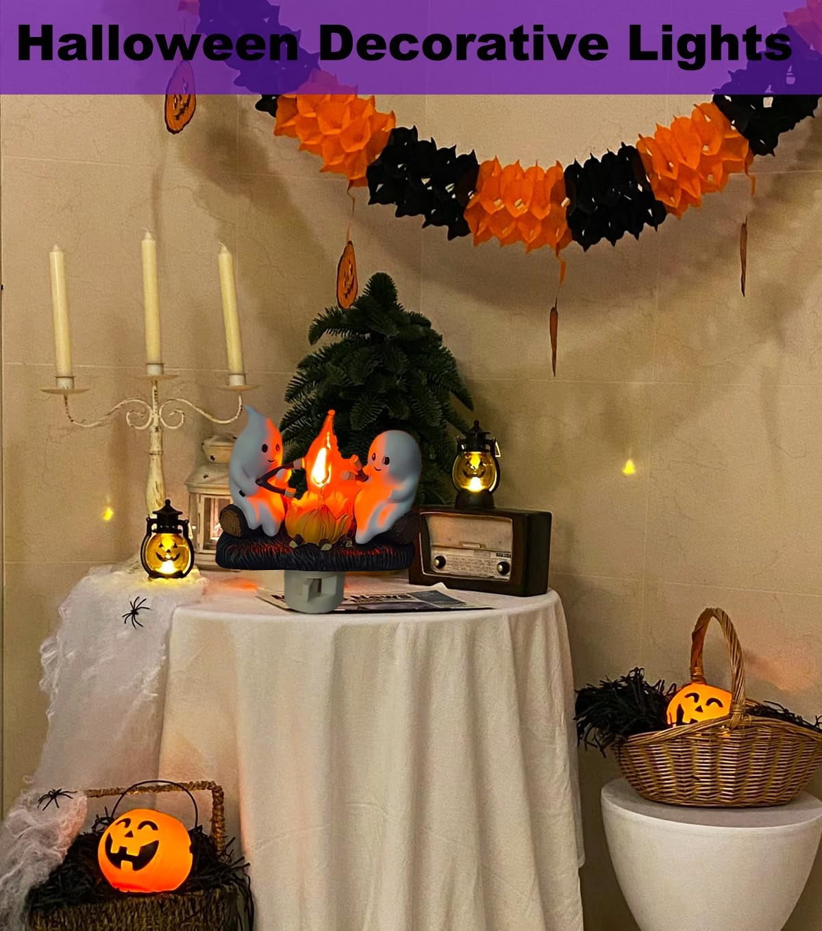Ghost Campfire Flickering Night Light, Ghosts Campfire Flicker Flame Halloween Nightlight, 3D LED Small Electric Faux Campfire Night Light, Spooky Fire Marshmallow Night Light Halloween Gifts