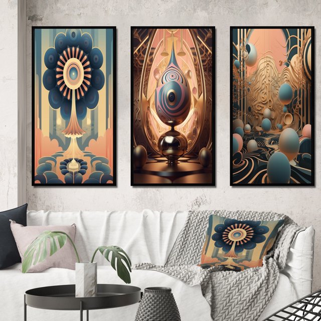 Designart "Full Moon Landscape in Retro Futurism" Abstract Landscape Framed Wall Art Set Of 3 - Blue Abstract Landscapes Frame Canvas Set For Living Room Decor