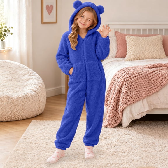 CUZIBR Toddler Bear Ear Onesie For Girls Fuzzy Hooded Pajama Jumpsuit Zip-Up Long Sleeve Cute Homewear,Blue,5-6 Years