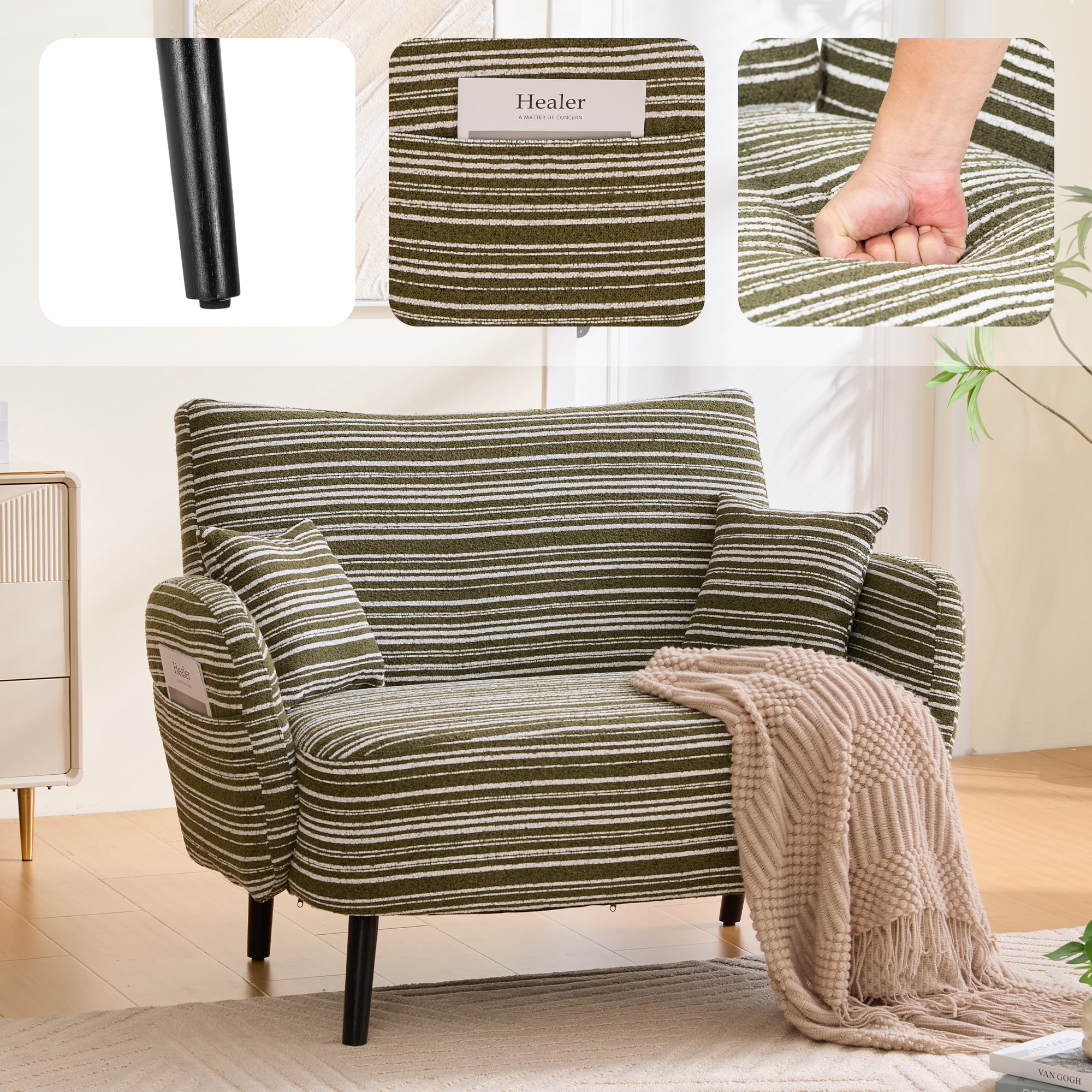 Jopath 47.64" Loveseat Sofa Couch,Modern Comfy Boucle Sofa Couch with Storage Pockets for Bedroom,Small Spaces,Apartments,Olive Green