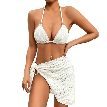 UTSJKR Women s 3 Piece Swimsuits Sexy Halter Triangle String Bikini Set with Beach Skirt Cheeky High Waisted Bathing Suit White M