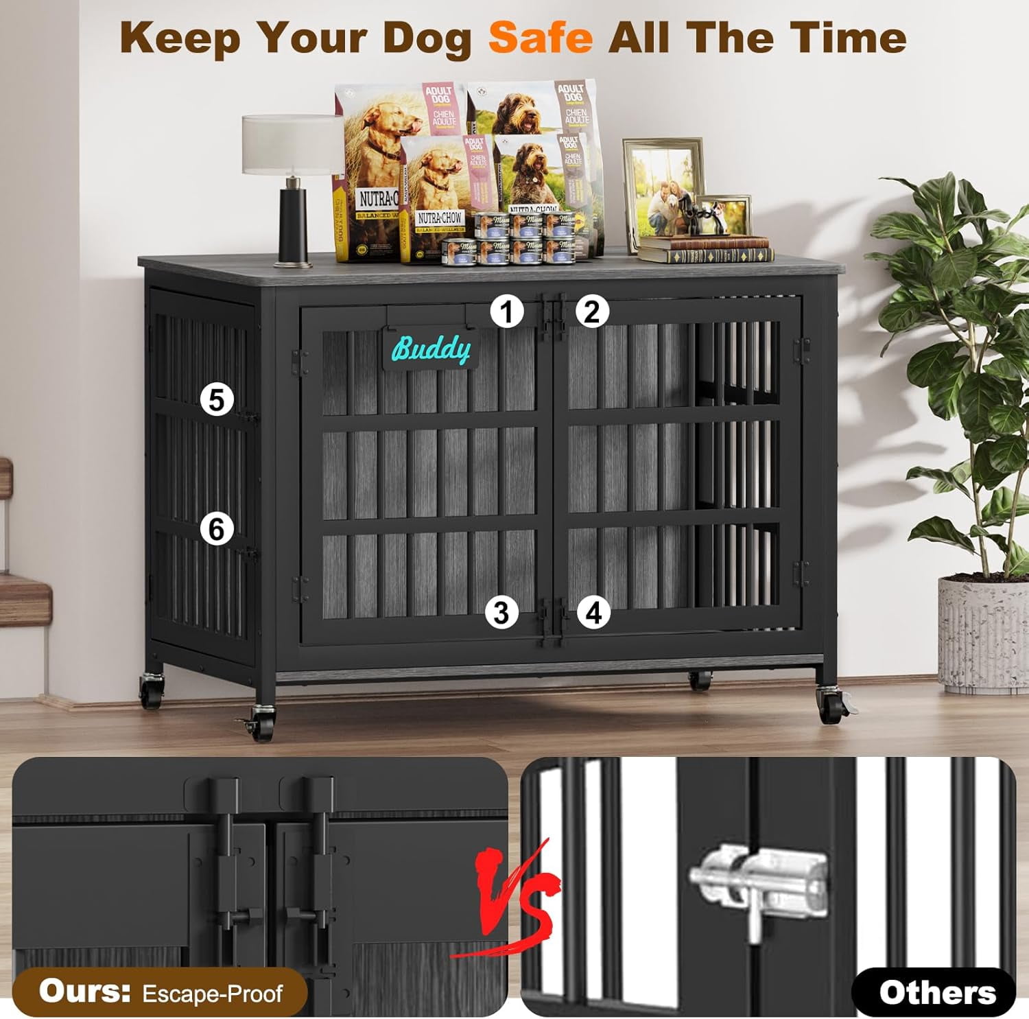 POAO 48"Dog Crate Furniture with Name Tag, Heavy Duty Dog Kennel Indoor for Large Dog, Escape-Proof &Chew-Proof Dog Cage for High Anxiety Dog