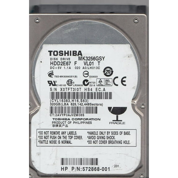 MK3256GSY, A0/LH013C, HDD2E67 F VL01 T, Toshiba 320GB SATA 2.5 Hard Drive