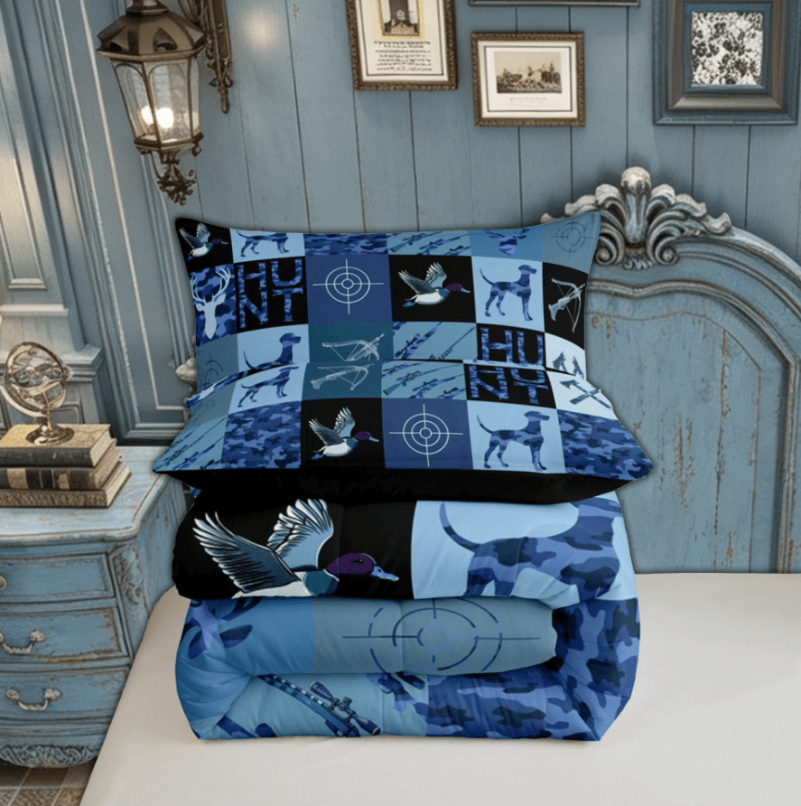 Manfei Farmhouse Dog Duck Wildlife Bedding Comforter Set for Kids Boys, Blue Rustic Camouflage Twin Comforter Sets, Black Reversible, 2-Piece
