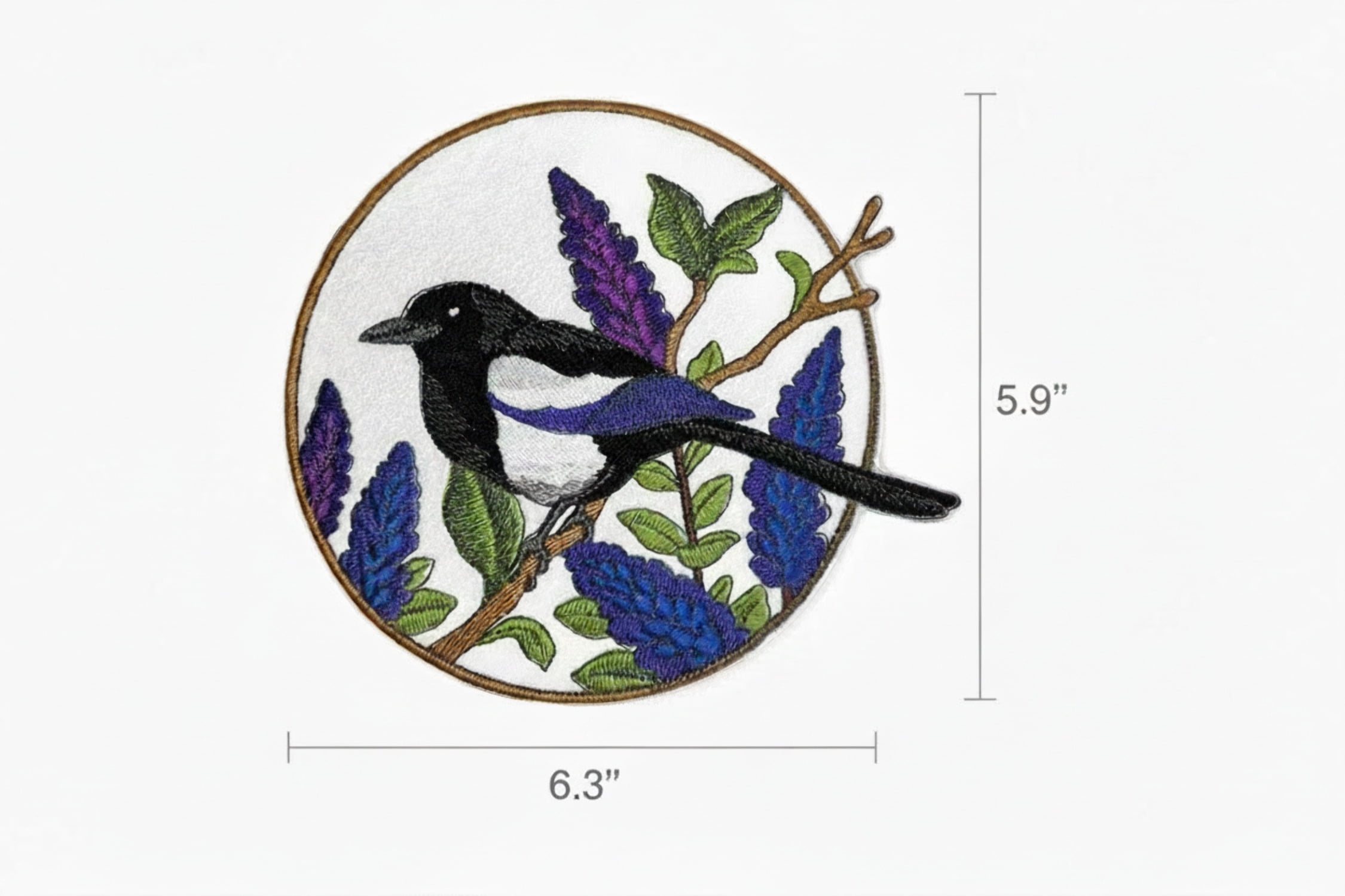 Black Billed Magpie and Lupine Circle Embroidered Iron on Patch [6.3" X 5.9"]