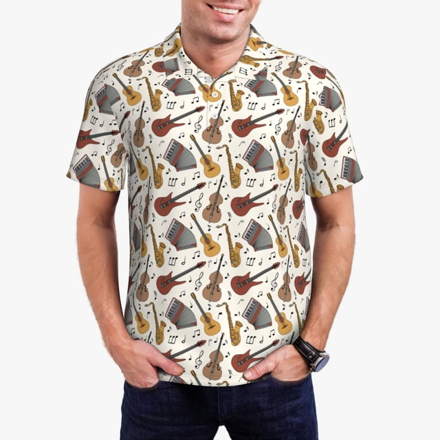 Balery Guitar Camisa Polo de Hombre con Estampado, de Manga Corta y Tejido Medio, Camisa Tipo Golf Polo-Large