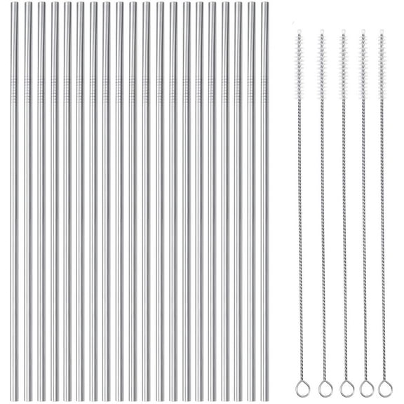 25 Piece Set Stainless Steel Straws Ultra Long 10.5 Inch Drinking Metal Straws Reusable Drinking Straws for 20 30 OZ (20 Straight| 5 Brushes)