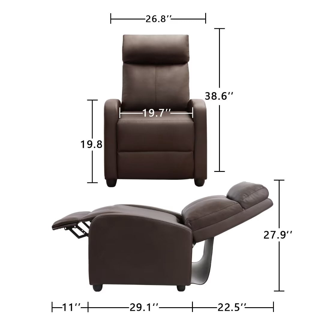 Vineego Adjustable Recliner Home Theater Seating with PU Leather Padded Backrest and Thick Seat Cushion ,Brown