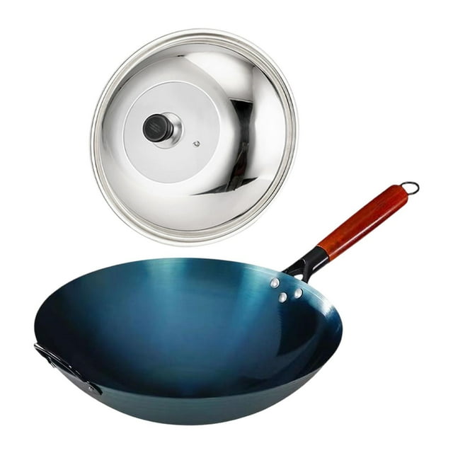 Tnarru Iron Wok Pan Traditional Wok with Wood Handle Nonstick Multipurpose for Gas Stir Fry Pan with Lid for Restaurant Home Cooking Pot Diameter 32cm