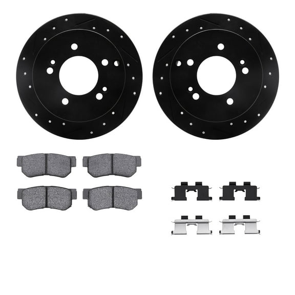 Dynamic Friction Company Rear Brake Rotors-Drilled and Slotted-Black with 5000 Advanced Brake Pads includes Hardware 8512-03016