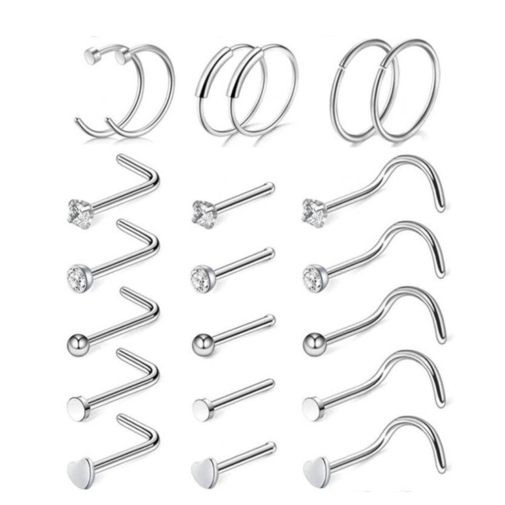 Dsseng 20G 21 Pcs Surgical Stainless Steel Nose Rings Hoop L Shaped Bone Screw Nose Rings Studs