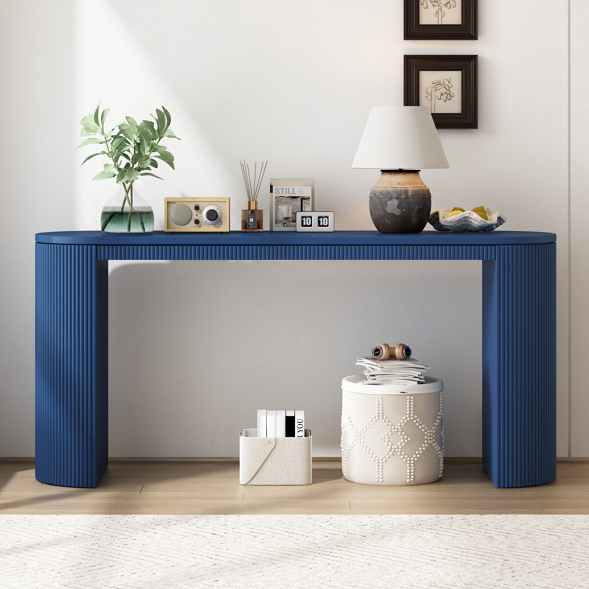 EUROCO 59.2" Long Curved Console Table with Vertical Stripe , Narrow Sofa Table Behind The Couch, Wooden Rectangular Entryway Table for Entrance, Hallway, Living Room,Navy
