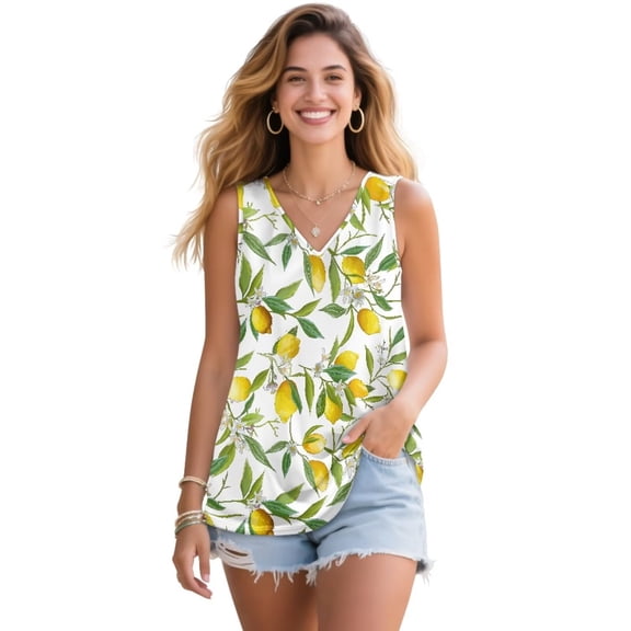 Jeiento Yellow Lemon Sleeveless Tops for Women Loose Fit Casual Flowy Tank Tops V Neck Sleeveless Athletic T-shirt Golf Tops Soft Comfort Tunic Shirt Streetwear,S