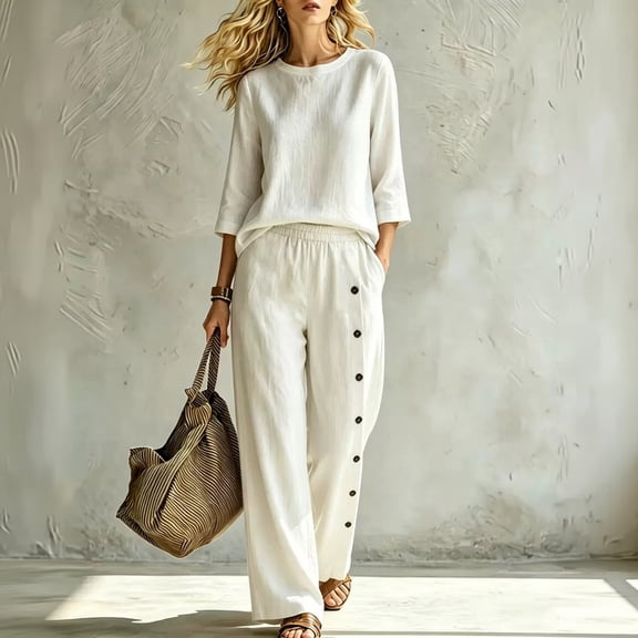 Stralyhd 2 Piece Womens Lounge Set 2026 Summer Loose Set Casual Cotton Long Outfits Beach Vacation Matching Set with Pockets White M