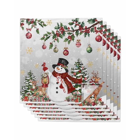 Grey Christmas Snowman Cloth Napkins Set of 6 Reusable Dinner Napkins, Xmas Snowflake Elk Tree Balls Cocktail Napkin Washable Table Napkins for Wedding/Holiday Party/Baby Shower 20"x20"