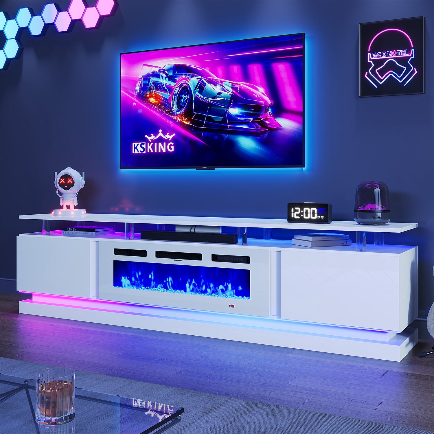 BaPiPro 80" Fireplace TV Stand for TVs up to 90", Large Modern Entertainment Center, White TV Console with 36" Electric Fireplace & LED Lights, White Fireplace