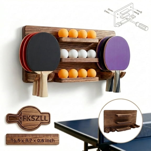 Ping Pong Paddle Holder Wall Mount, Wood Ping Pong Storage Rack Holds 8 Paddles 12 Balls Table Tennis Paddle Organizer Display for Game Room Garage