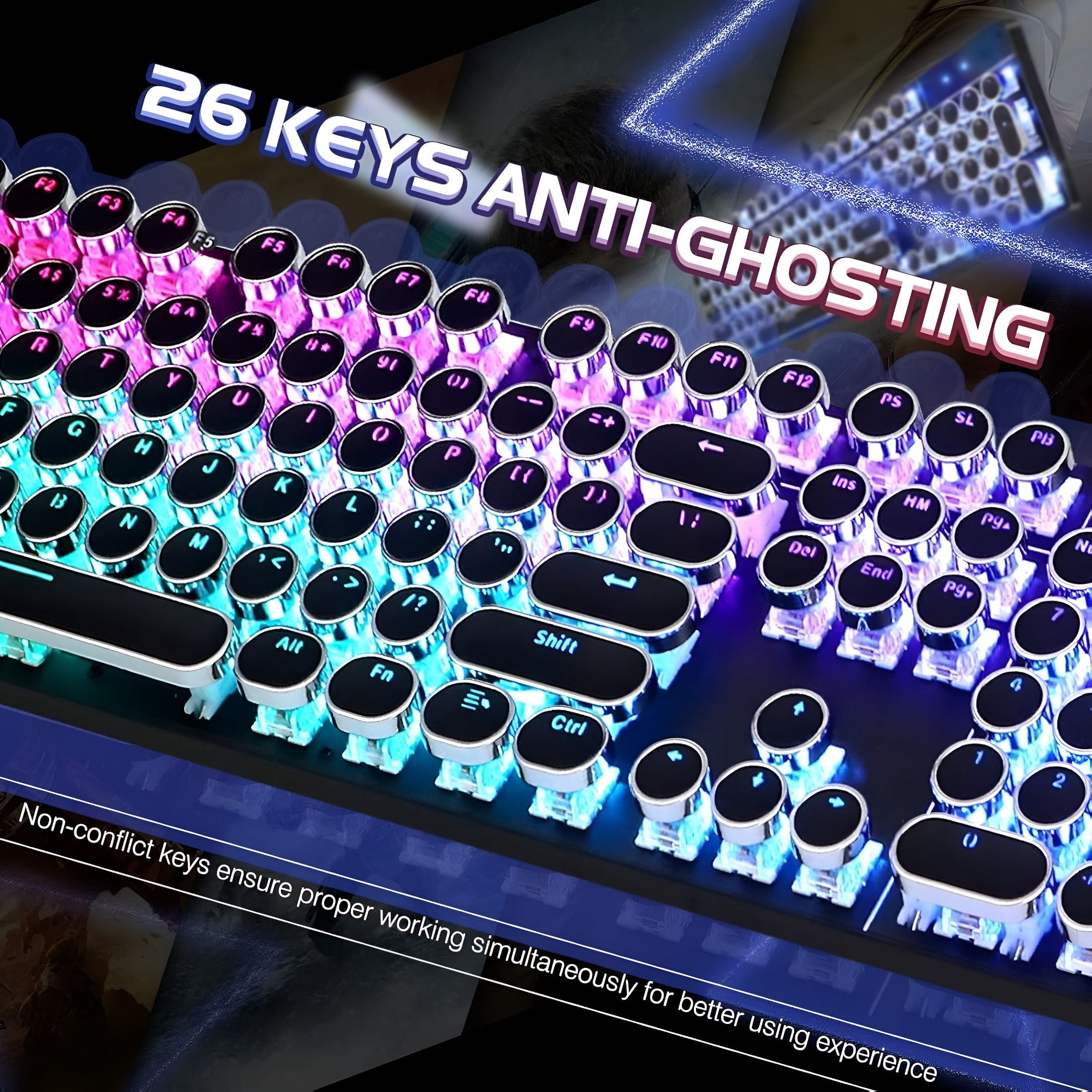 GJX Typewriter Style Mechanical Gaming Keyboard RGB Backlit Wired with Blue Switch Retro Round Keycap 104 Keys Keyboard