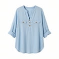 thumbnail image 2 of WHLBF Blouse for Women Lace Sleeve Round Neck Casual Solid Color Loose Linen Top Light Blue XXL, 2 of 5