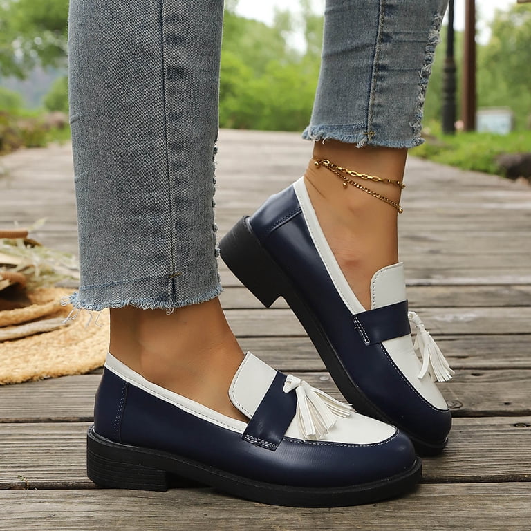 blue bottom dress shoes Hewuqi Loafers for Women Business Casual Low Heeled Comfortable Lightweight Slip on Tassel Work Walking Flat Shoes Size 6.5, Women's SS26 Sale_Drop 1
