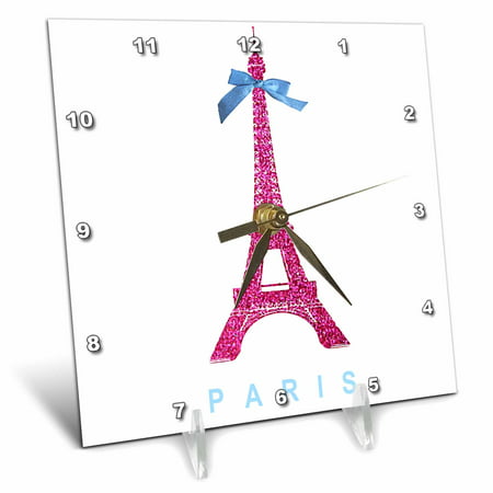 3dRose Hot Pink Eiffel Tower from Paris with girly blue ribbon bow - White stylish Parisian France souvenir, Desk Clock, 6 by (Best Souvenirs From Dc)