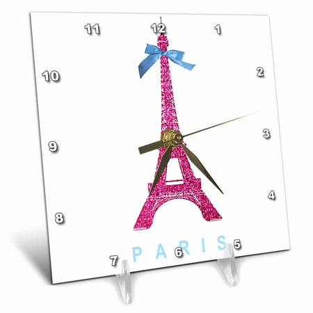 3dRose Hot Pink Eiffel Tower from Paris with girly blue ribbon bow - White stylish Parisian France souvenir, Desk Clock, 6 by