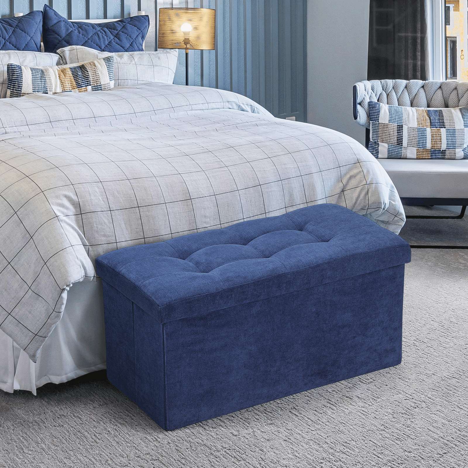 MoNiBloom 30" Folding Storage Ottoman Bench, Cotton-linen Collapsible Footrest Ottoman with Storage, for Living Room Bedroom Entryway, Navy Blue