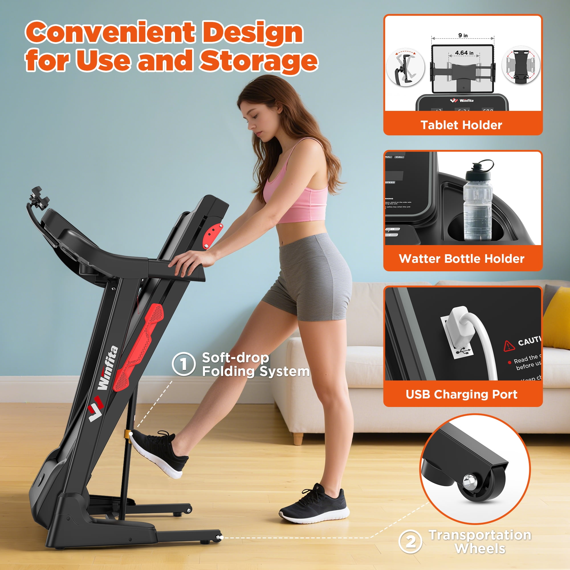 Winfita Foldable Treadmill with 6% Manual Incline for Home, 8 MPH Speed, 300 LB Capacity, 42"x17" Belt, App & Bluetooth Speakers, Tablet Holder, Pause Function, 64 Preset Programs, Black