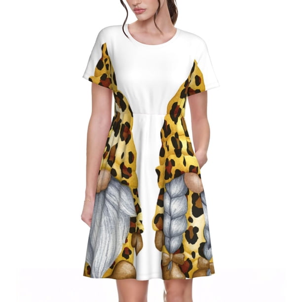 Balery Leopard Gnomes Vestidos sueltos de manga corta para mujer, vestidos de verano 2025, vestidos casuales de corte A con vuelo.