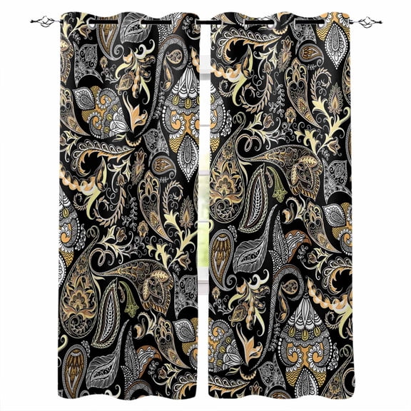 Black Floral Kitchen Curtains Boho Botanical Vintage Paisley Flower Cafe Short Curtains for Bathroom Blackout Window Curtain Grommet Small Window Treatment Drapes for Bedroom Living Room 42"x45"x2