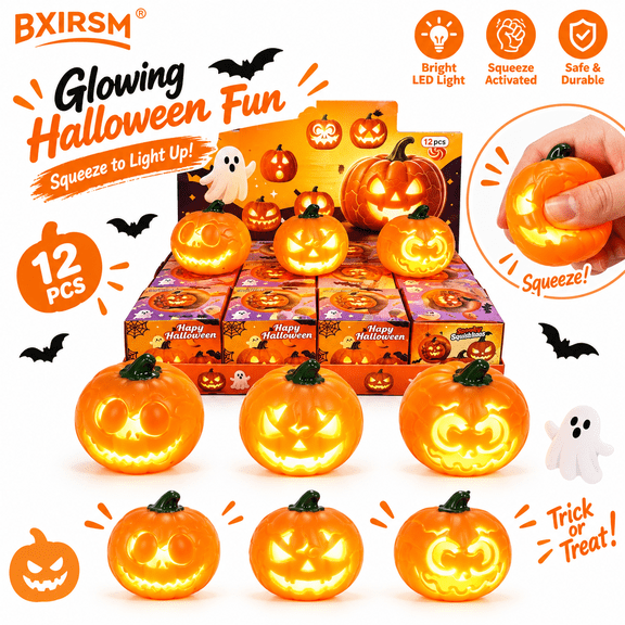 Light Up Pumpkin Stress Squishy Ball Blind Box, Glowing Jack O Lantern Squeeze Toy, Halloween Party Favors Soft Squeeze Stress Relief Gift for Adults