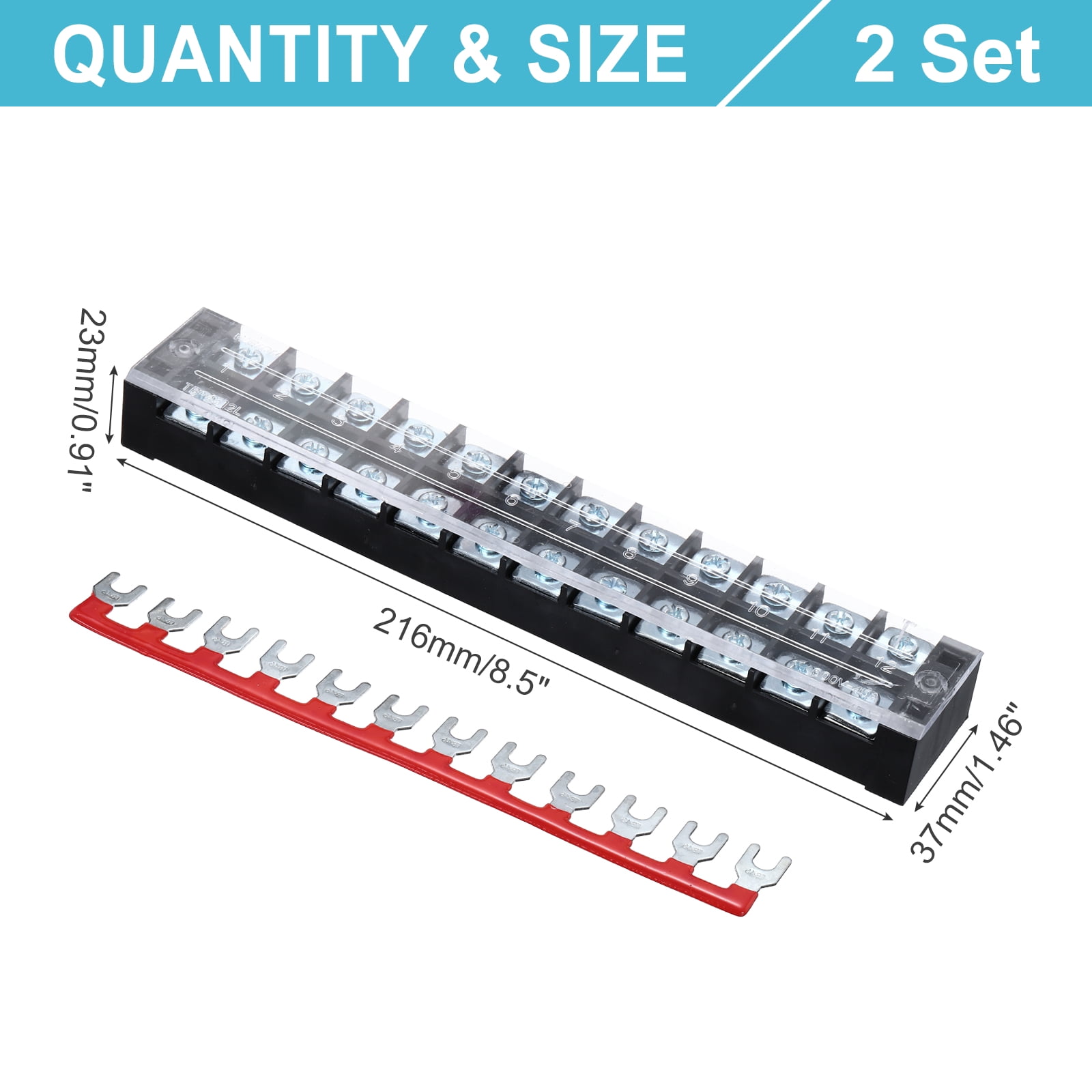 Uxcell 2 Pcs Dual Row Terminal Block, 600V 45A 12 Positions Screw Terminal Block with 2PCS Pre-Insulated Barrier Strips for Power System, Home Appliances