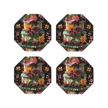 

Tideii Stained Glass Floral Cake for Leather Coasters 4 Pieces Anti-fouling and Anti-scalding Decorative Coasters Suitable for Restaurants Kitchens Coffee Shops-Octagon