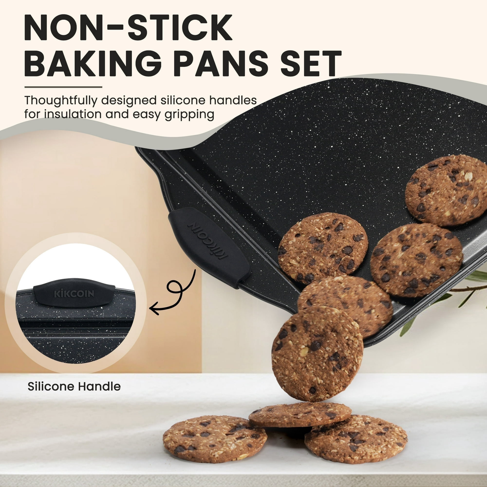 Kikcoin Bakeware Set, Carbon Steel Baking Pans Set, Baking Sheet Pans for Kitchen with Silicone Handles, Nonstick Cookie Sheets