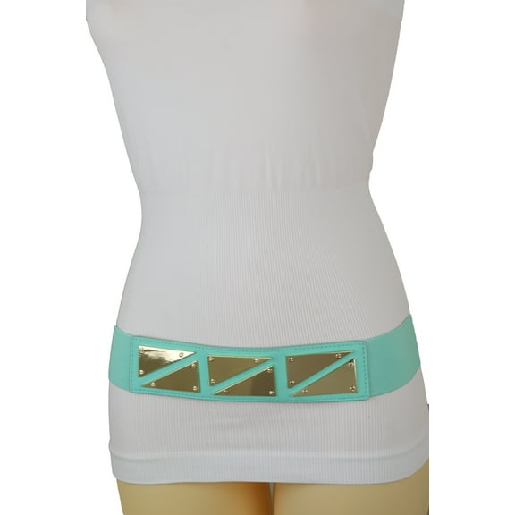 Women Mint Green Stretch Belt Gold Triangle Buckle S M