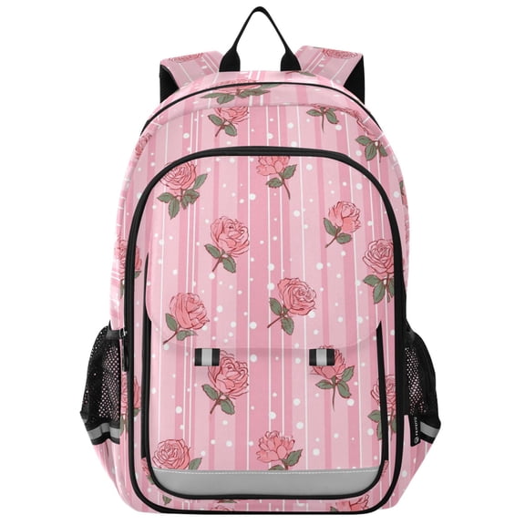 School Backpack for Teens 17L Lightweight Bookbag with Reflective Strips Cute Rose Pattern