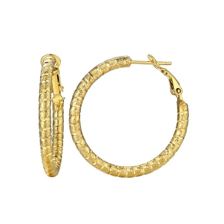 FOCALOOK Small Flashed Hoop Earrings for Women Hypoallergenic Stainless Steel Circle Round Diamond-Cut Click-Top Gold Plated Huggie Hoops Vintage Ear Jewelry Gift 30MM